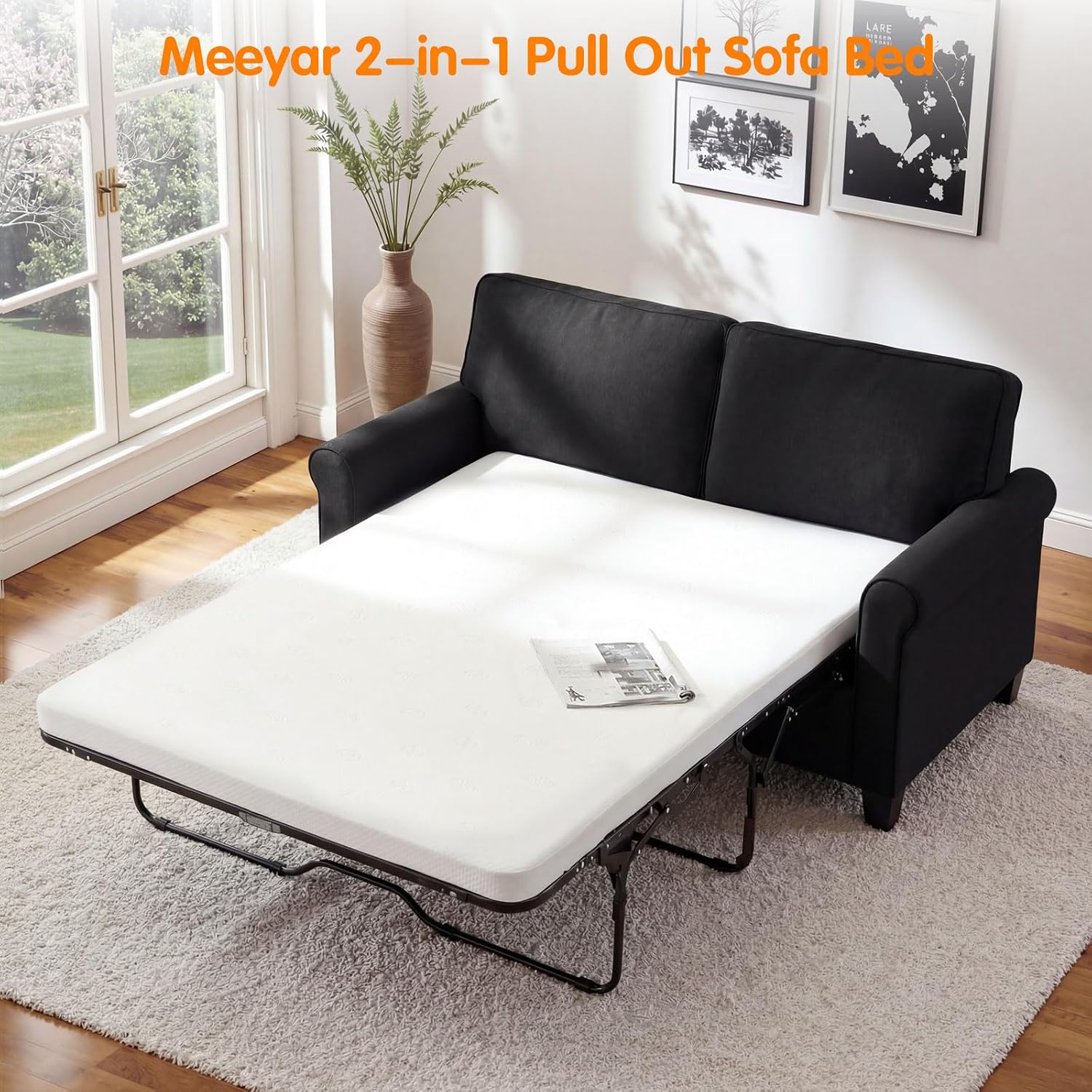 Pull Out Sofa Bed with Mattress, 57" Convertible Sofa Bed Loveseat, Twin Sleeper Sofa Couch with Pocketed Coil Seating, Upholstered Fabric Sofa Bed for Small Spaces,Black