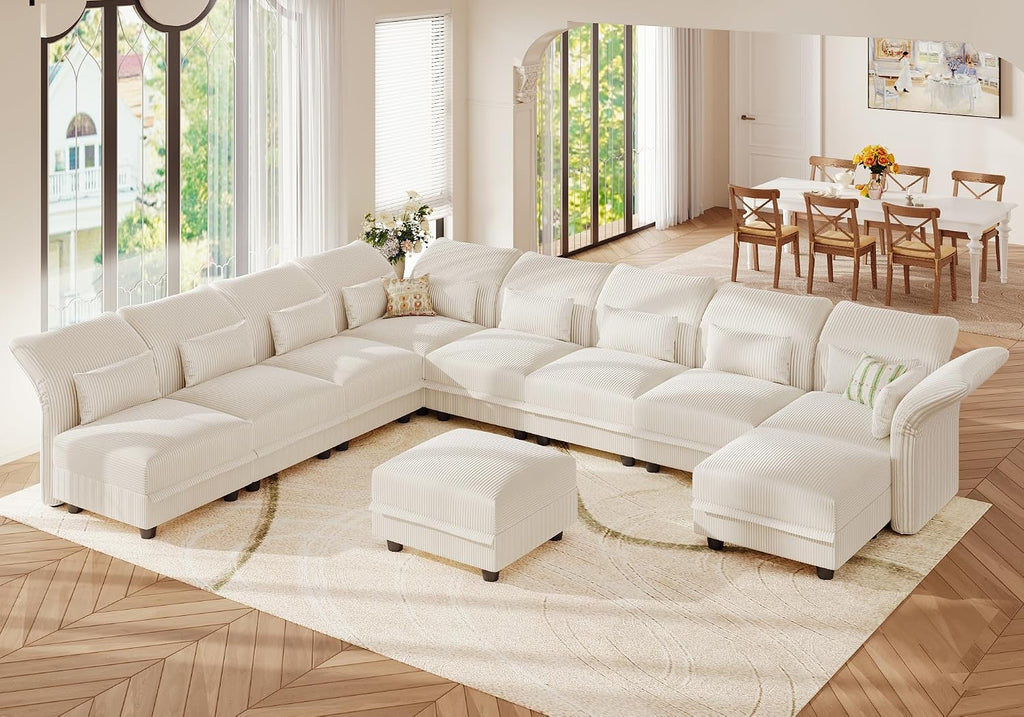 LLappuil 10 Seater Sectional Sofa with Storage, Large U Shaped Modular Sectional Couches for Living Room with Adjustable Arms Backs, Plush Supportive Cushions, 10 Seater, Beige Corduroy | Tool Free Assembly