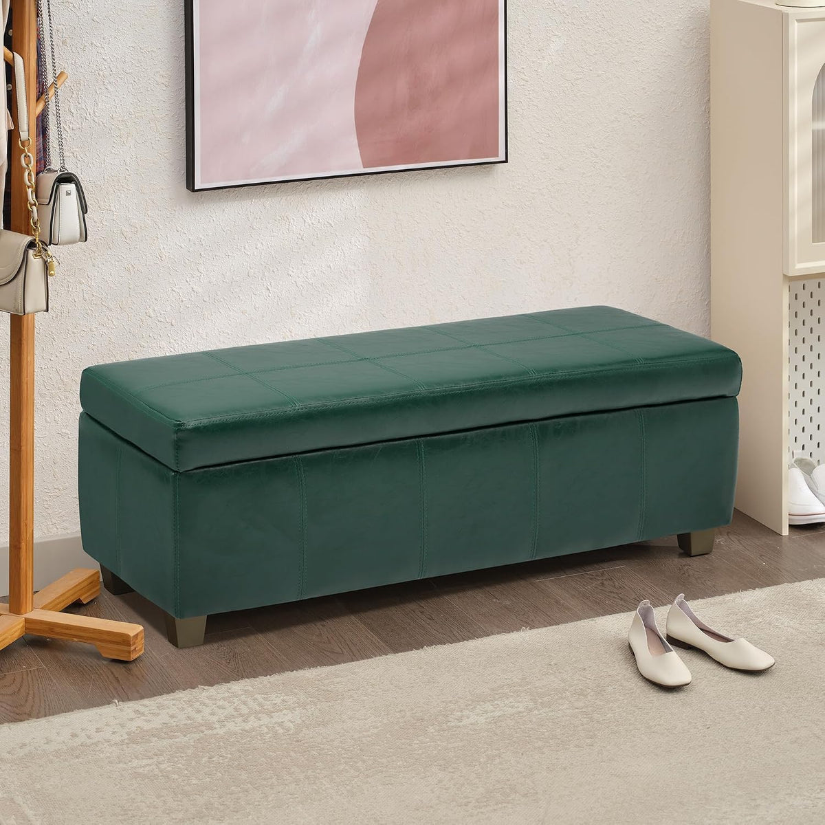 51 Inch Storage Ottoman, Storage Bench with Safety Hinge, Upholstered Synthetic Leather Ottoman Bench for Bedroom, Living Room, Entryway, Hallway, Foot Rest, Support 500lbs