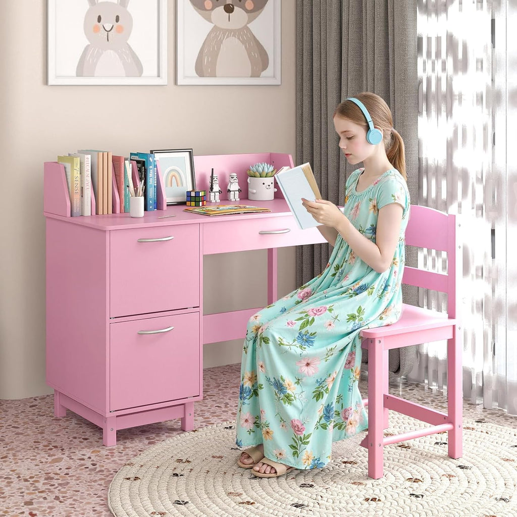 GLACER Kids Desk and Chair Set, Children’s School Study Table w/Storage Hutch, Drawer & Cabinets, Wooden Student Writing & Computer Desk for Bedroom, Study Room & Homeschool for Ages 3-8 (Pink)
