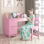 GLACER Kids Desk and Chair Set, Children’s School Study Table w/Storage Hutch, Drawer & Cabinets, Wooden Student Writing & Computer Desk for Bedroom, Study Room & Homeschool for Ages 3-8 (Pink)