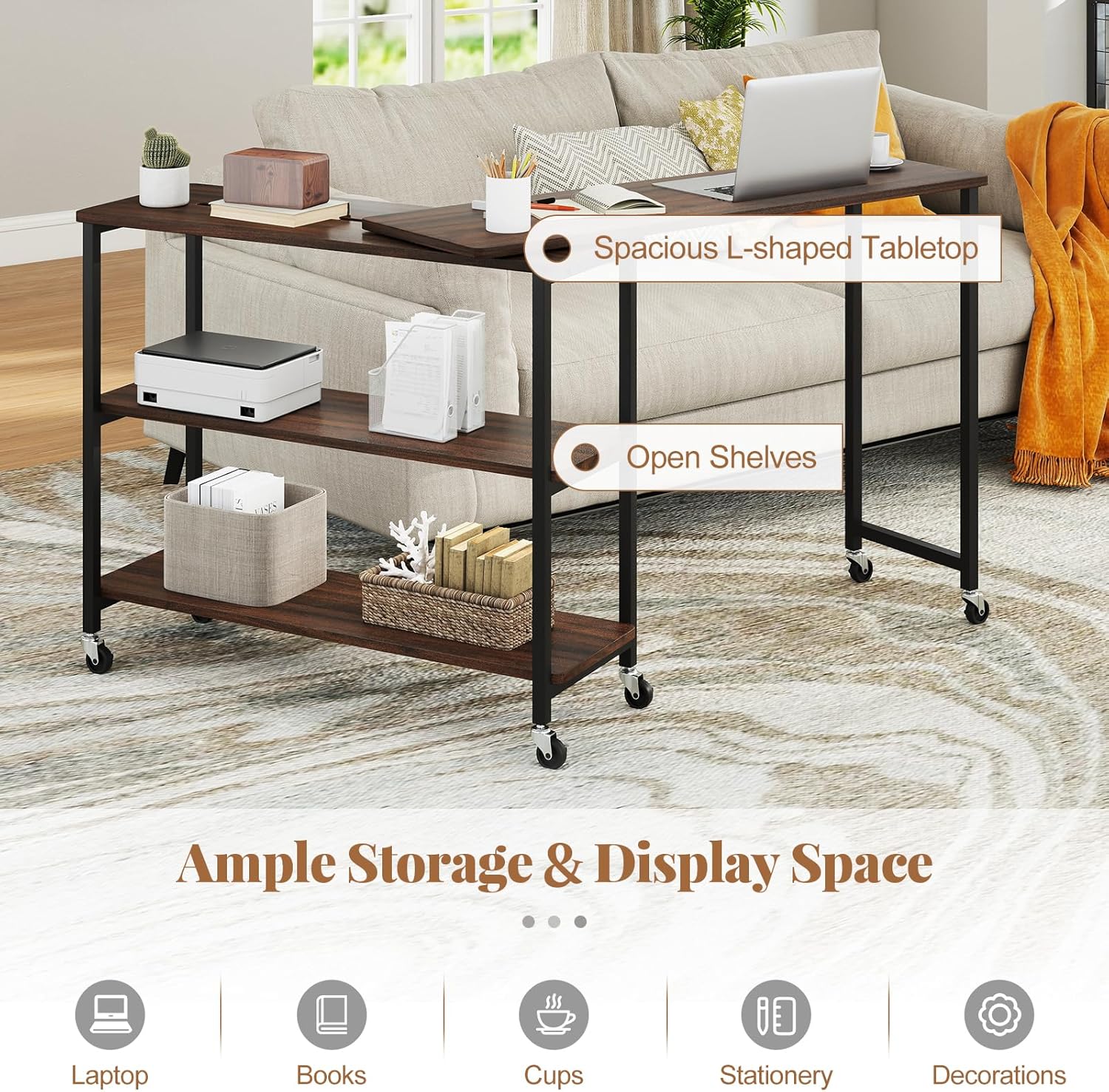 Tangkula Large 360° Free Rotating Sofa Side Table, Patented Mobile Couch Desk with 2-Tier Storage Shelves, Movable Laptop Desk with Sturdy Metal Frame, Extendable Couch Snack Table for Home Office