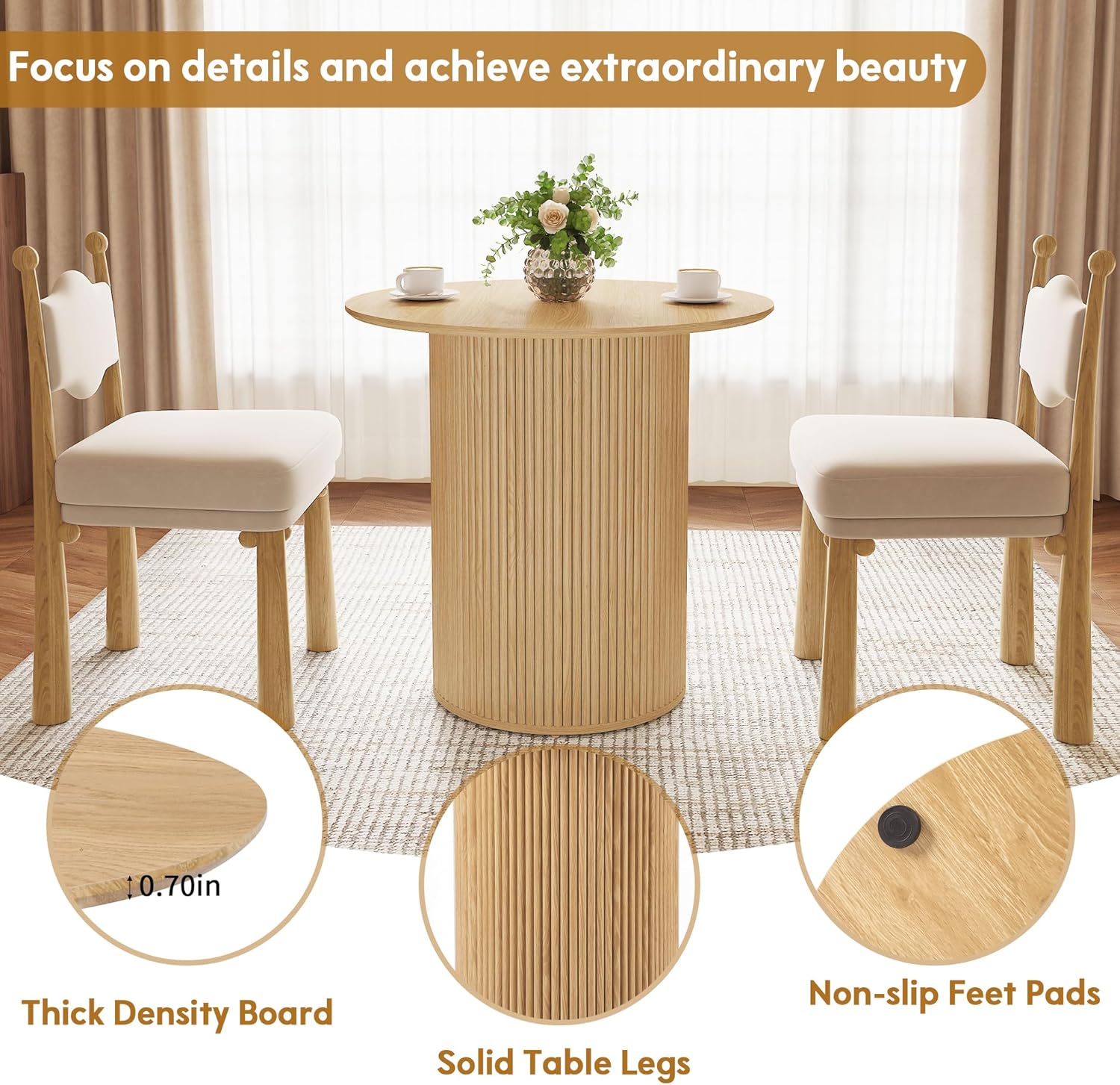 AVZEAR 31.5" Round Dining Table for 2 People, Small Kitchen Dinner Table with Fluted Wood Base, Farmhouse Circle Dining Tables for Home, Kitchen, Dining Room, Living Room (Nature)