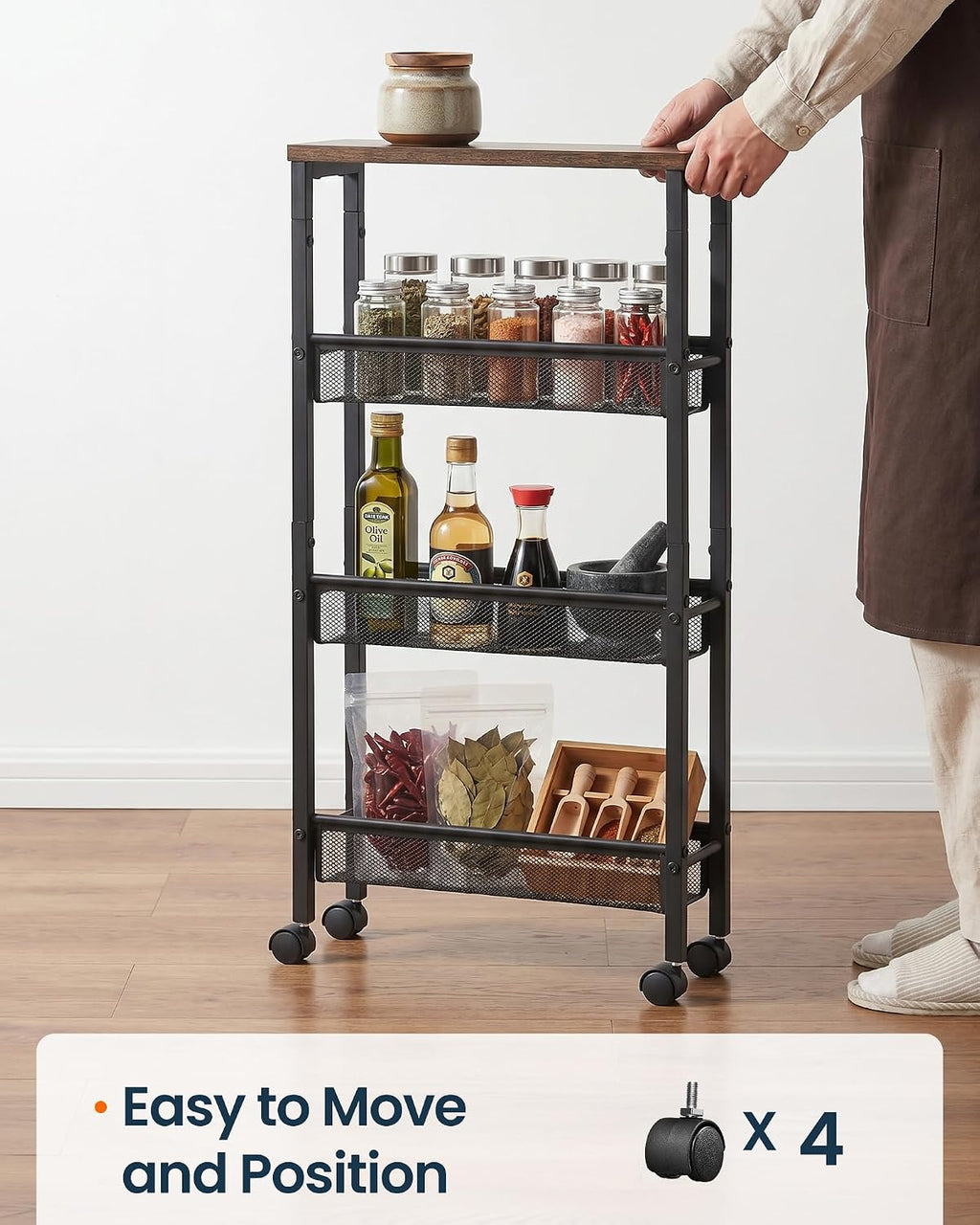 SONGMICS HOME Slim Rolling Cart, 4-Tier Storage Cart with Wheels and Handle, Narrow Utility Cart for Kitchen, Living Room, Brown and Black