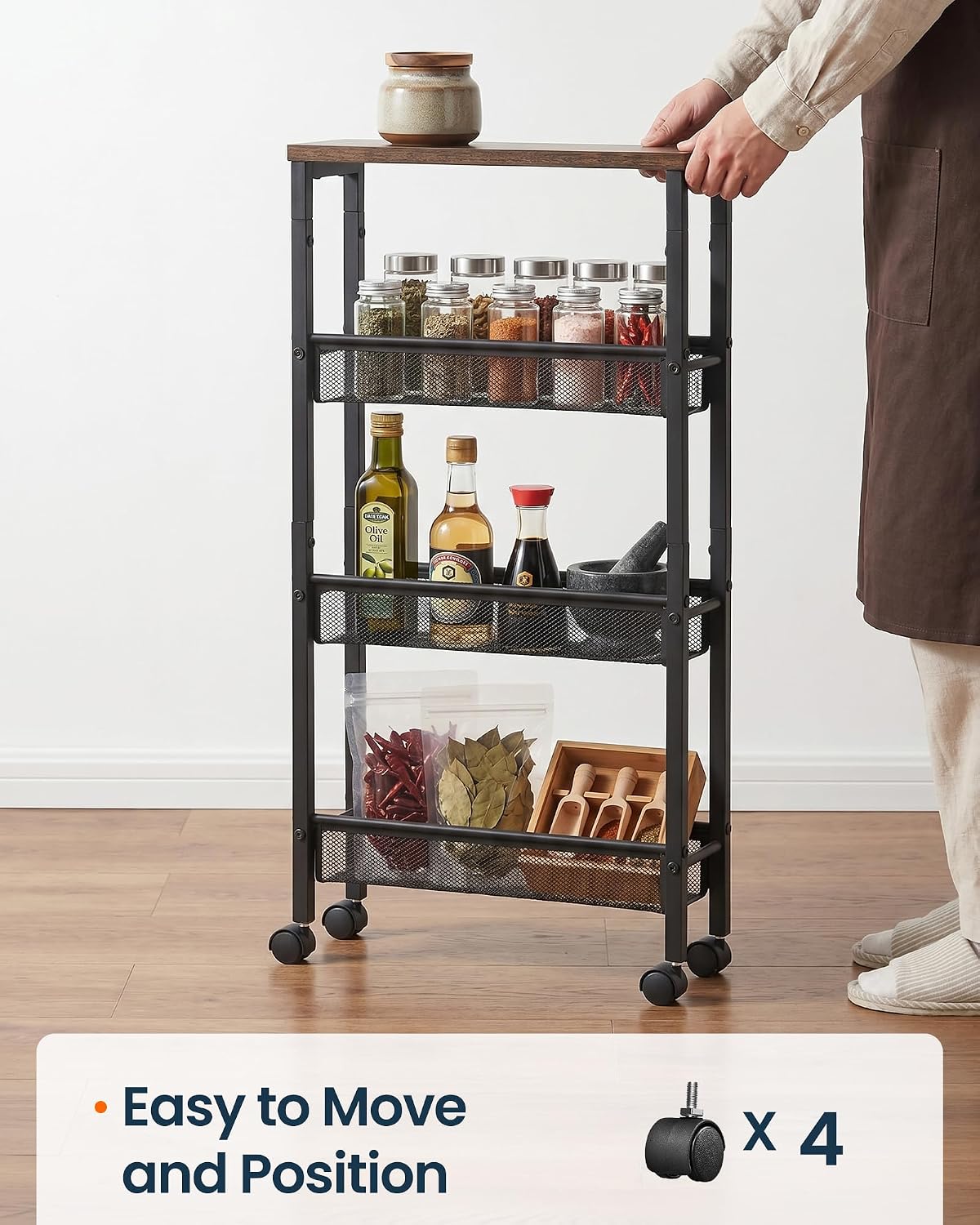 SONGMICS HOME Slim Rolling Cart, 4-Tier Storage Cart with Wheels and Handle, Narrow Utility Cart for Kitchen, Living Room, Brown and Black