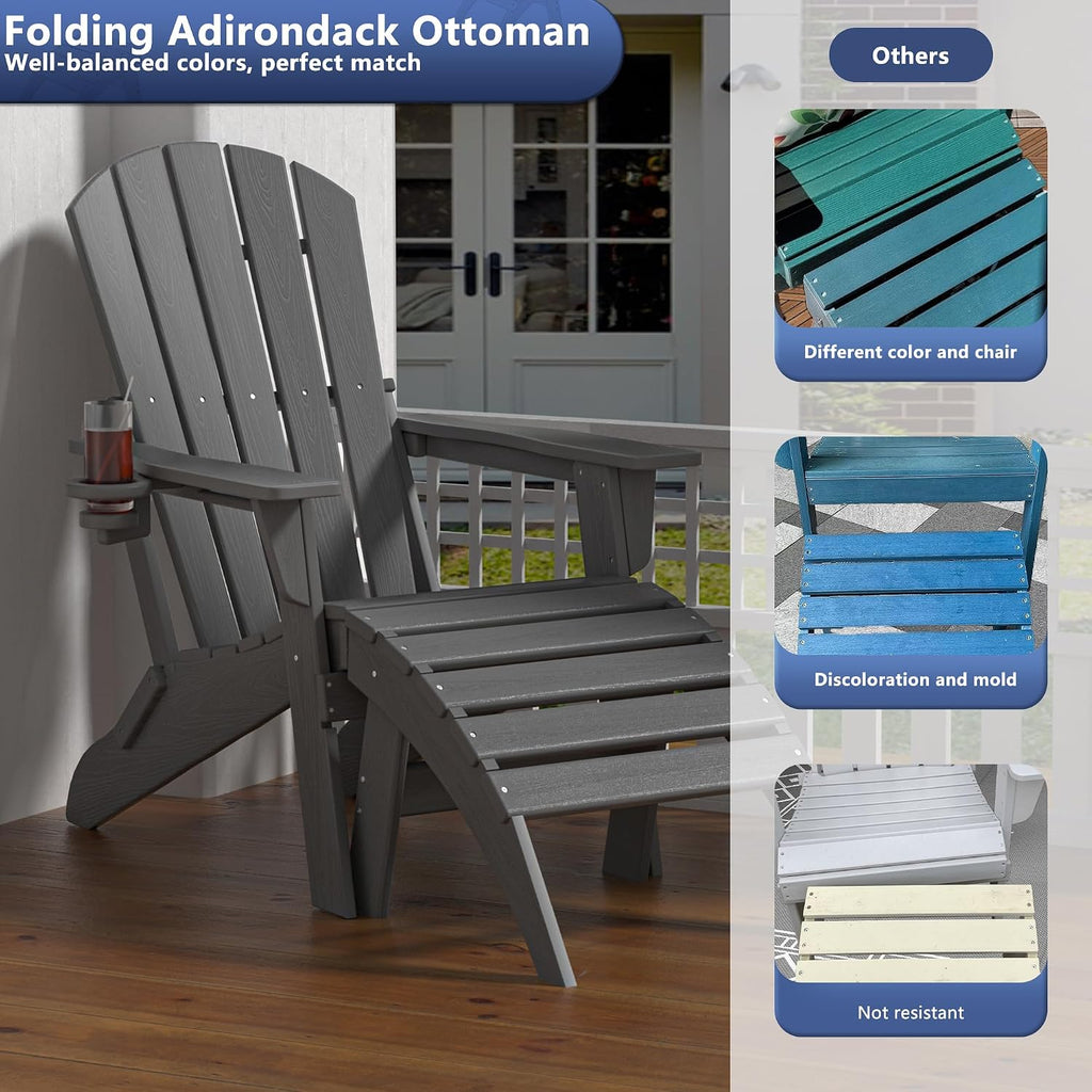 Plawdlik Folding Ottoman for Adirondack Chair–HDPE All-Weather Footrest for Outdoor Use, Garden & Poolside– Anti-Cracking, Fade-Resistant, Easy Assembly–Grey
