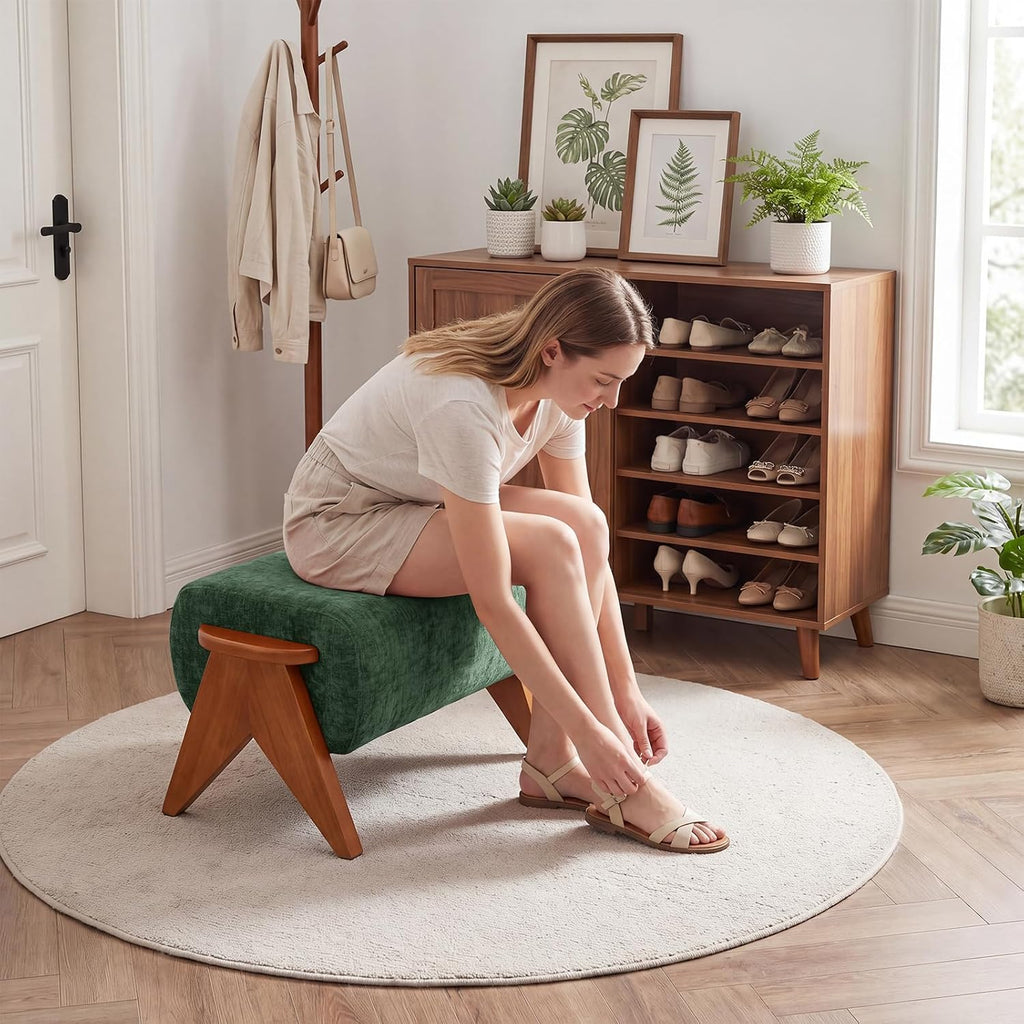Linen Padded footstools Mid Century Modern Ottoman with Wood Frame, Lounge Upholstered Ottoman, Reading Chair, Sturdy Base, Suitable for Resting Your feet on a Lounge Chair Green