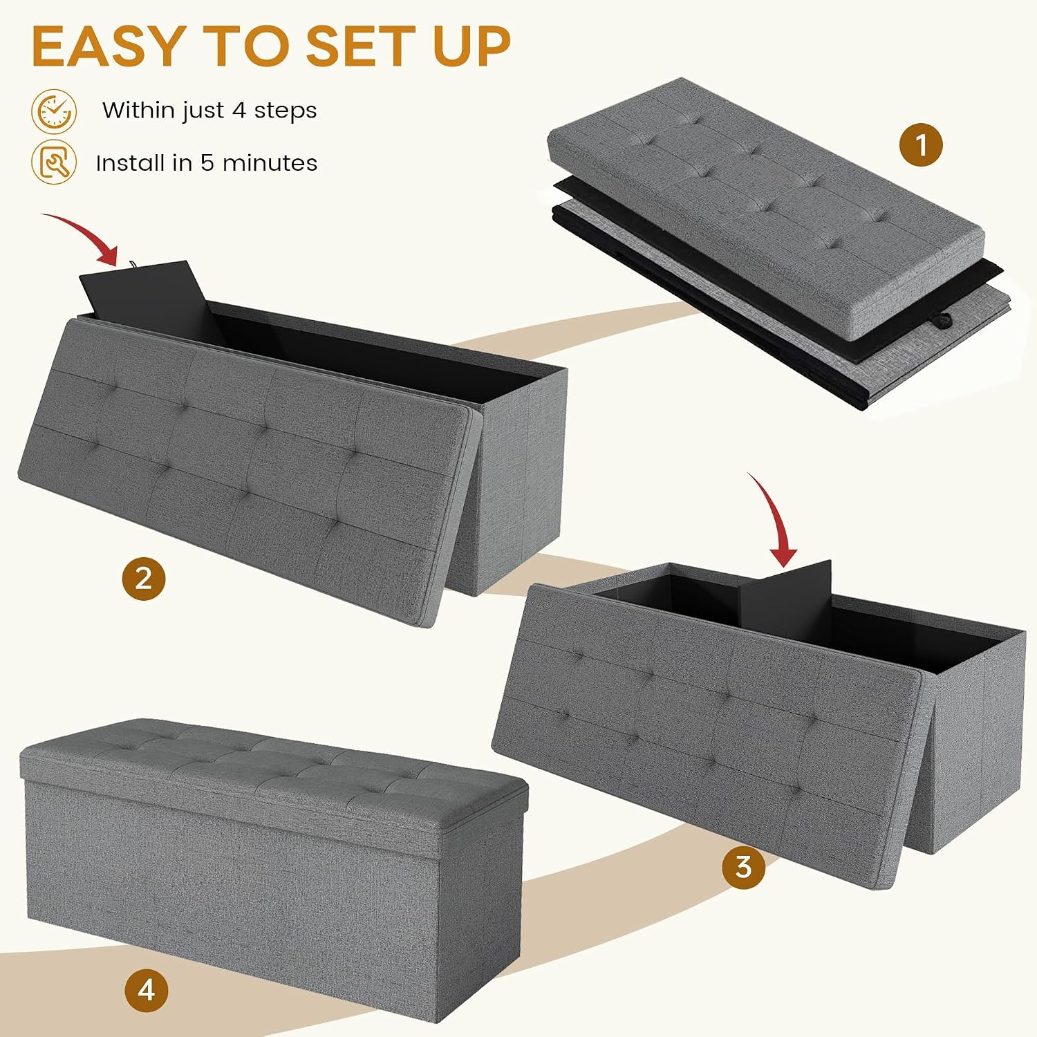 KROFEM 43.5" Folding Storage Ottoman Bench,Rectangle Foot Rest Stool for Living Room and Bedroom Holds 660 lbs,Light Gray
