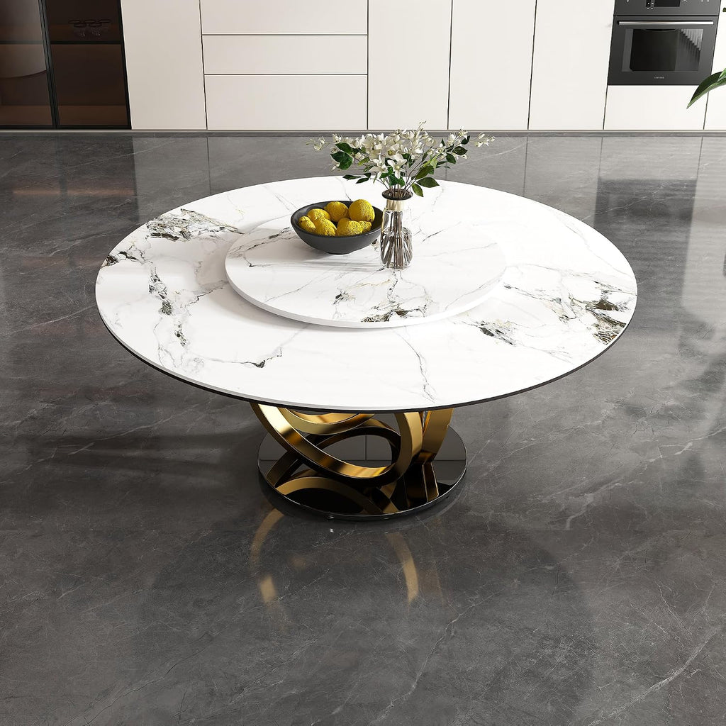 Modern Marble Dining Table, 59" Round Sintered Stone Table for Dining Room, Kitchen, Compact Space w/Stainless Steel Gold Base, Detachable Lazy Susan