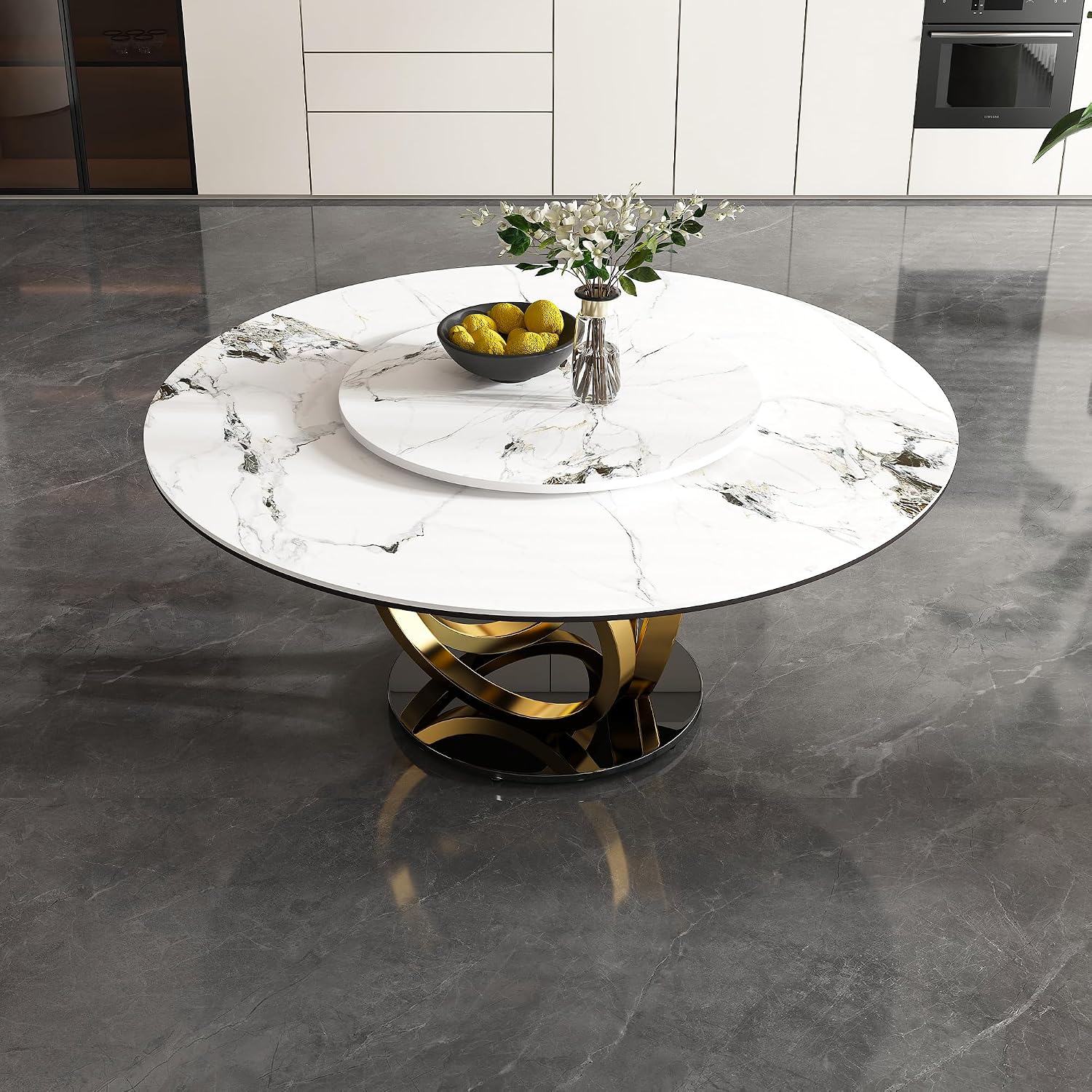 Modern Marble Dining Table, 59" Round Sintered Stone Table for Dining Room, Kitchen, Compact Space w/Stainless Steel Gold Base, Detachable Lazy Susan