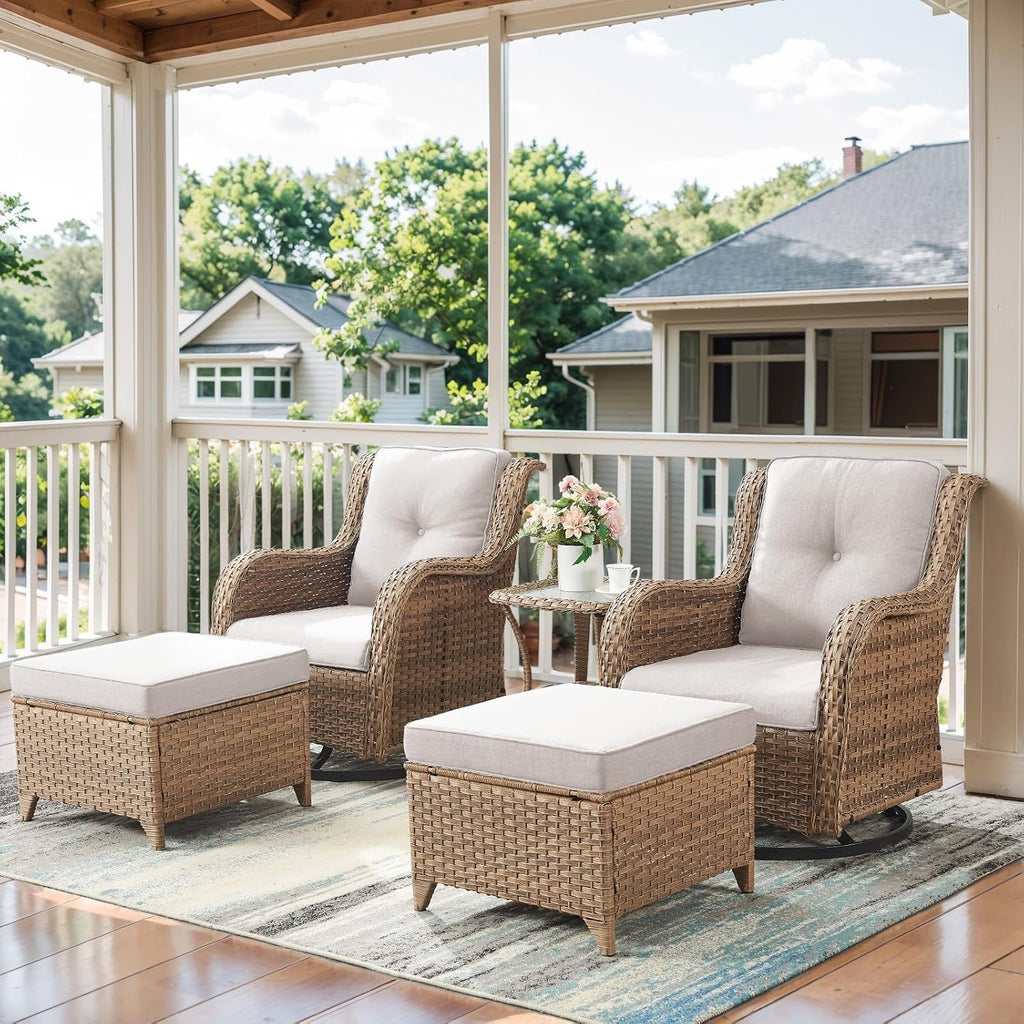 Belord 5 Piece Wicker Patio Furniture Set, Outdoor Swivel Rocker Chairs Set of 2 with Ottomans and Side Table, All Weather Patio Conversation Furniture Set, for Porch Pool, Yellow Wicker/Beige