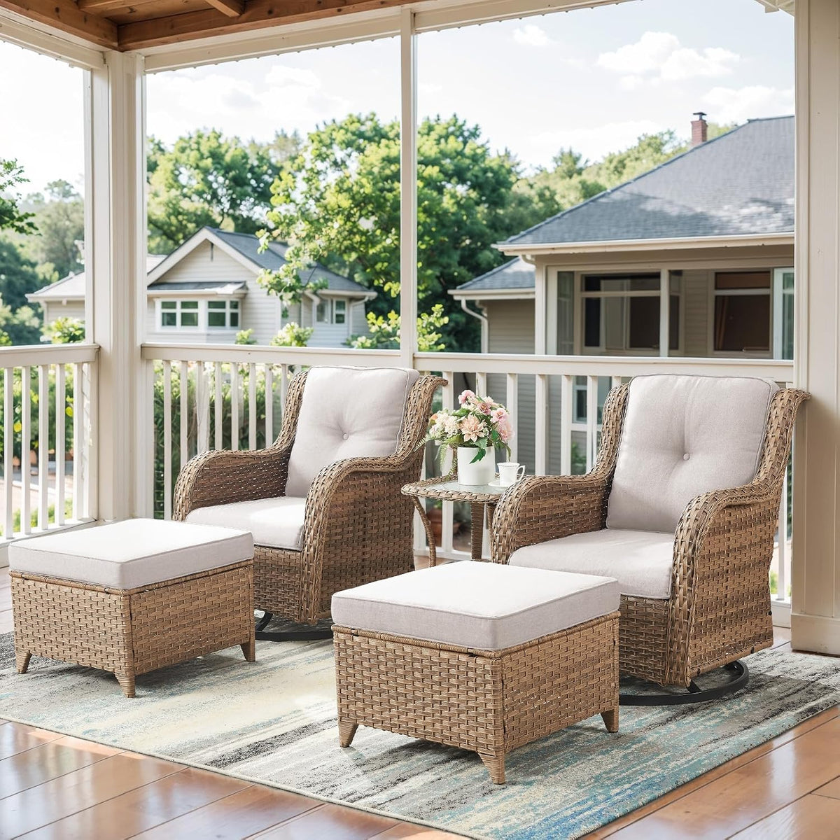 Belord 5 Piece Wicker Patio Furniture Set, Outdoor Swivel Rocker Chairs Set of 2 with Ottomans and Side Table, All Weather Patio Conversation Furniture Set, for Porch Pool, Yellow Wicker/Beige
