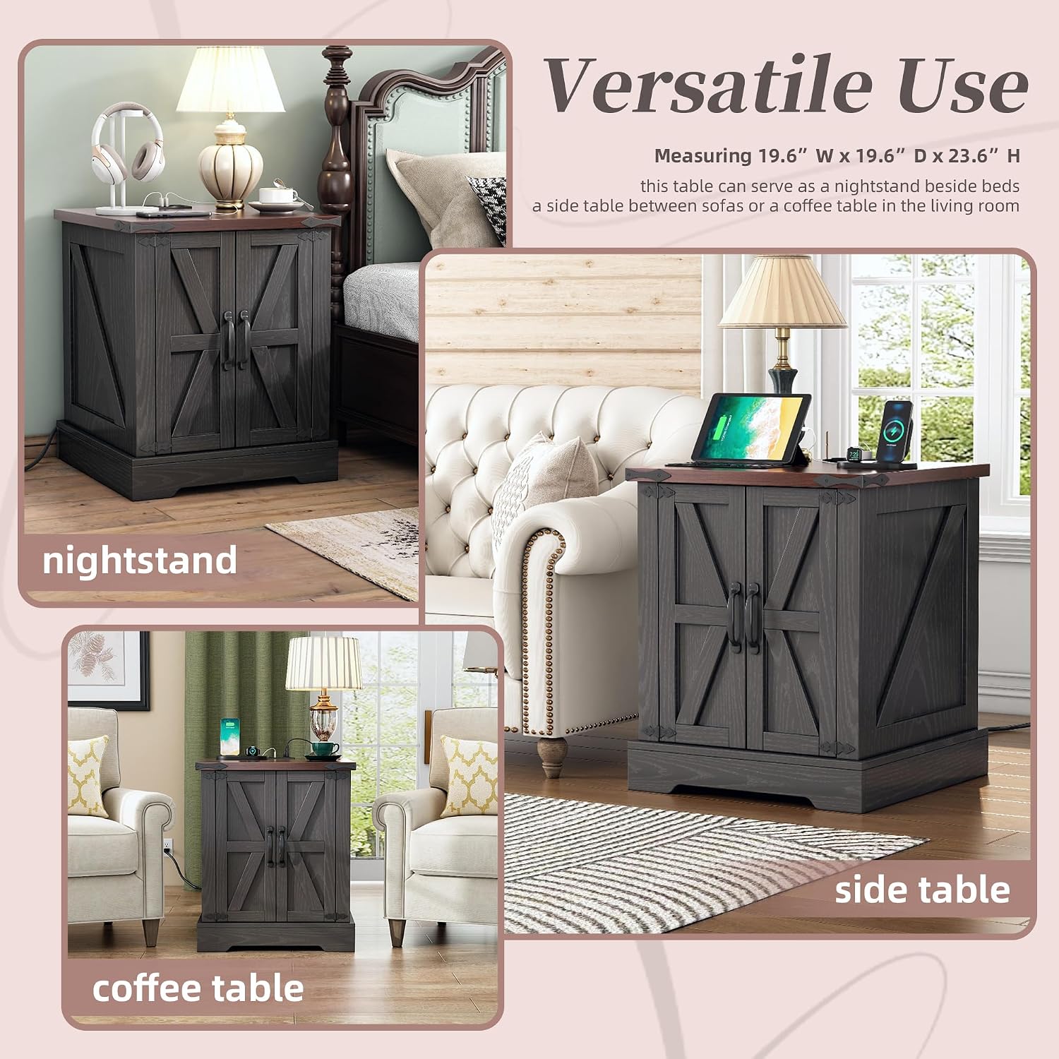Merax Farmhouse End Table with Charging Station, Rustic Wood Nightstand with Adjustable Shelf, 19.6" W Versatile Walnut Sofa Side Table with Barn Doors & Retro Hinges for Bedroom, Living Room, Grey