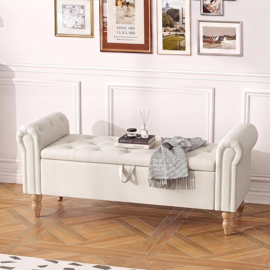 Furniliving 55” End of Bed Bench, Bedroom Bench with Button-Tufted, Large Upholstered Storage Ottoman Entryway Bench with Storage Shoe Cabinet Bench, for Bedroom, Linen, Beige