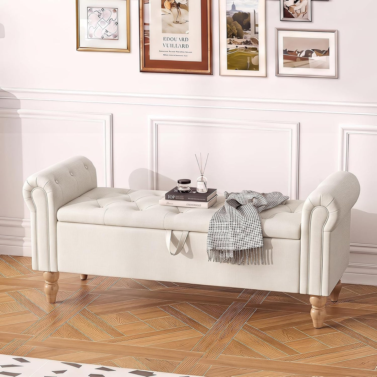 Furniliving 55” End of Bed Bench, Bedroom Bench with Button-Tufted, Large Upholstered Storage Ottoman Entryway Bench with Storage Shoe Cabinet Bench, for Bedroom, Linen, Beige