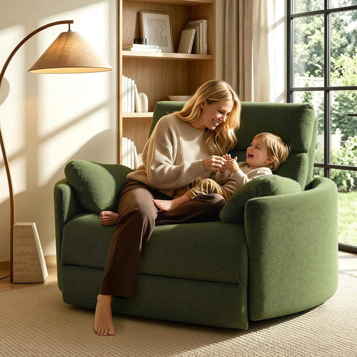 FLEXISPOT Mochi Oversized 54" Power Recliner Chair for Big & Tall, Chenille Fabric Electric Recliner with USB & Type-C Ports, Wide Single Sofa with Pillows for Living Room & Bedroom, Olive Green