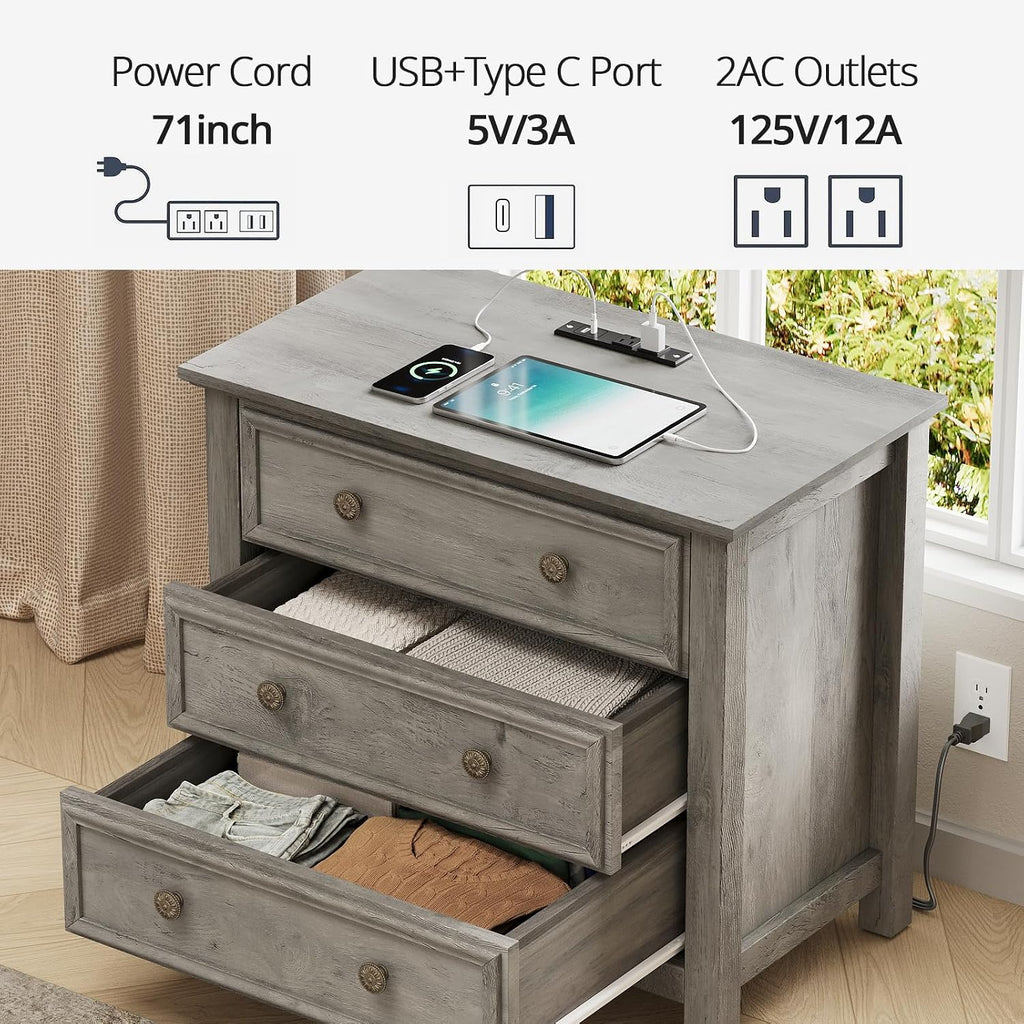 LGHM Set of 2 Large Nightstand with Charger Station, 27" W Night Stand with 3 Large Drawers, Accent Small Dresser Bed Side Table, Stable Thick Wood Legs, Timeless Look,Gray