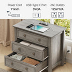 LGHM Set of 2 Large Nightstand with Charger Station, 27" W Night Stand with 3 Large Drawers, Accent Small Dresser Bed Side Table, Stable Thick Wood Legs, Timeless Look,Gray