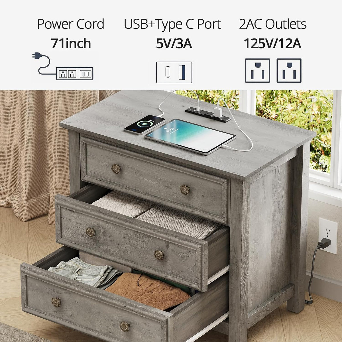 LGHM Set of 2 Large Nightstand with Charger Station, 27" W Night Stand with 3 Large Drawers, Accent Small Dresser Bed Side Table, Stable Thick Wood Legs, Timeless Look,Gray