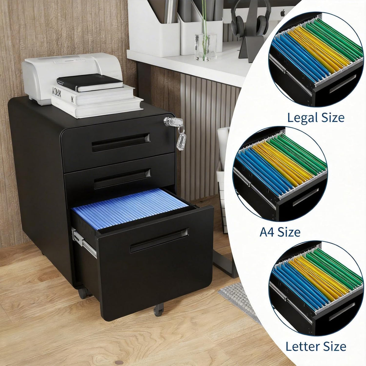 3 Drawer File Cabinet with Lock, Mobile Metal Filing Cabinet for Letter/Legal/A4 Size, Under Desk Rolling Office Storage Cabinet, Fully Assembled, Black