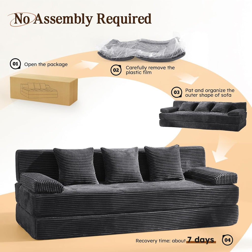 78.7IN Convertible Folding Sofa Bed, 3 Seater Sleeper Sofa Couch | No Assembly Required, Corduroy, Freestanding, Couches Bed with Zippered Pillows for Living Room, Bedroom, Apartment, Gray