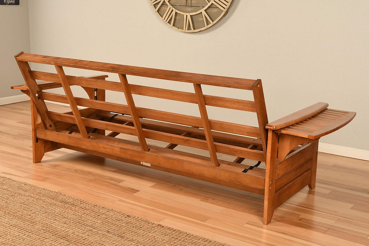 Phoenix Full Size Futon Couch with Linen Fabric Mattress Included - Wooden Frame - Solid Hardwood Construction