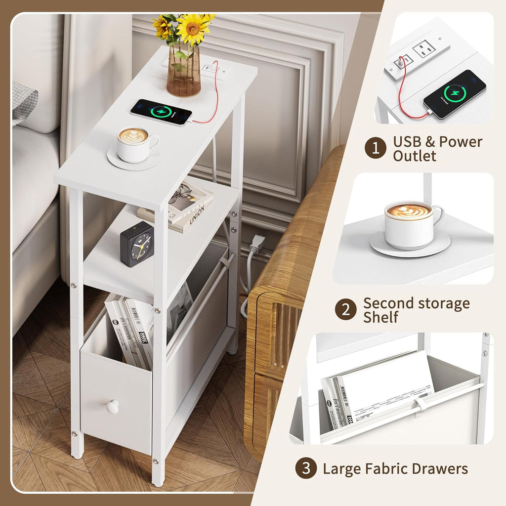 Narrow Side Table with Charging Station, Skinny End Table for Small Spaces, Thin Sofa Side Table with 1 Fabric Drawer, Slim Nightstand for Living Room, Bedroom, White