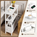 Narrow Side Table with Charging Station, Skinny End Table for Small Spaces, Thin Sofa Side Table with 1 Fabric Drawer, Slim Nightstand for Living Room, Bedroom, White