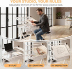 Drafting Table w/Art Stool, Hand Crank Height Adjustable Drawing Desk for Adults with Tilting Glass Top (0-70°), 2 Storage Drawers, Artist Table for Painting & Sketching(White)