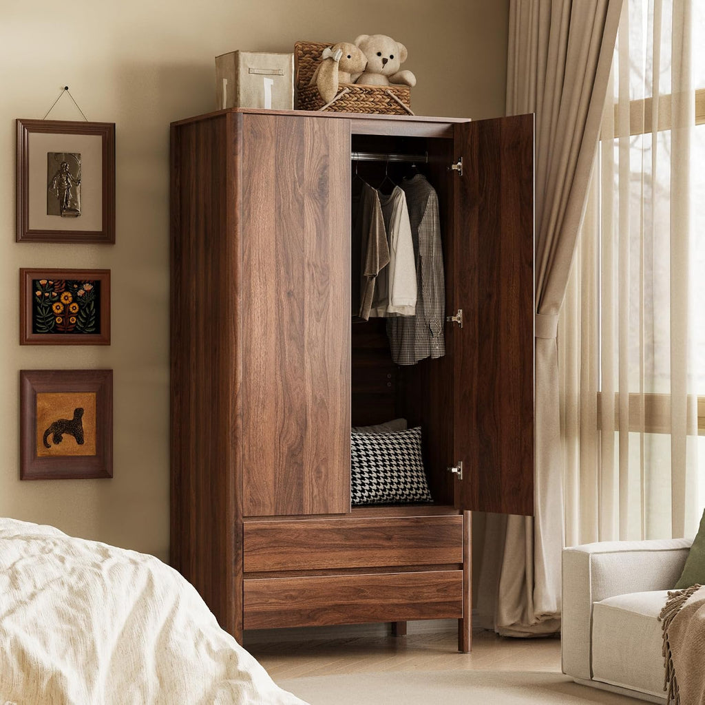 MAISONARIA Wardrobe with 2 Doors and 2 Drawers, 70.9”H Modern Walnut Bedroom Armoire Closet with Hidden Handles, Freestanding Wooden Storage Cabinet for Clothes and Essentials