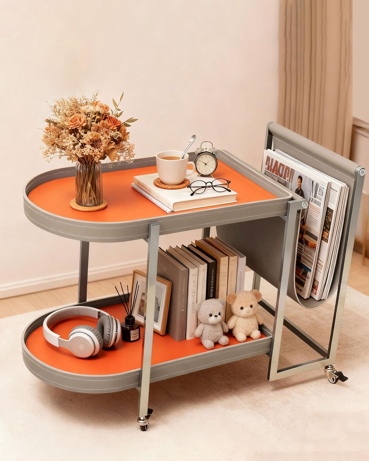 Modern Multi-Functional Side Table with 2 Tiers Storage Magazine Holder and Wheels for Living Room, Bedroom End Table with Books ShelvesElegant Design Easy to Move Perfect for Drinks, Decorations