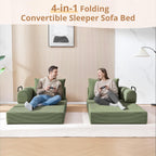 4-in-1 Folding Convertible Sofa Bed, 78 Inch Oversized Corduroy Loveseat Sleeper with Pull Out Bed, Futon Couch for Living Room Bedroom, No Assembly Needed, Olive Green