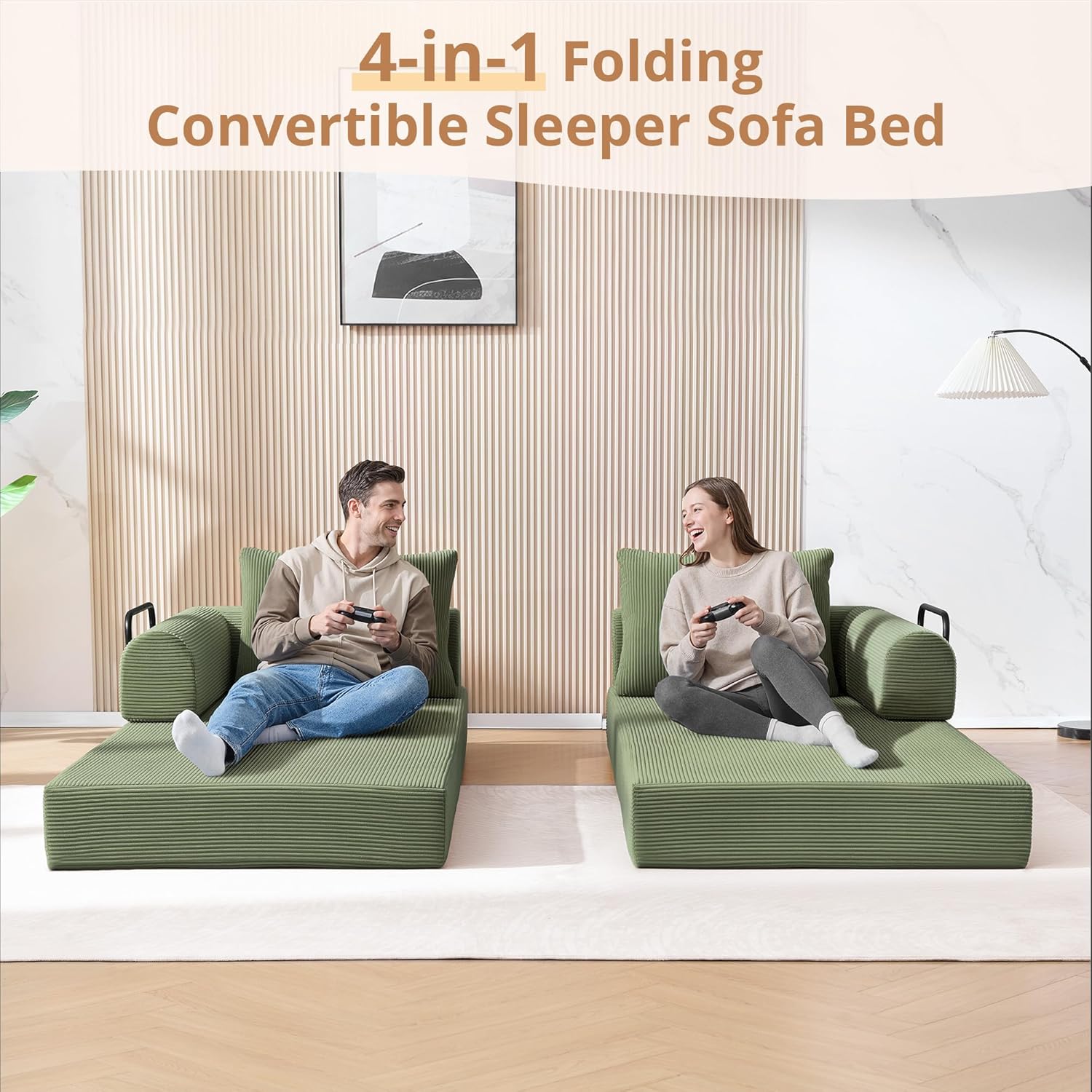 4-in-1 Folding Convertible Sofa Bed, 78 Inch Oversized Corduroy Loveseat Sleeper with Pull Out Bed, Futon Couch for Living Room Bedroom, No Assembly Needed, Olive Green