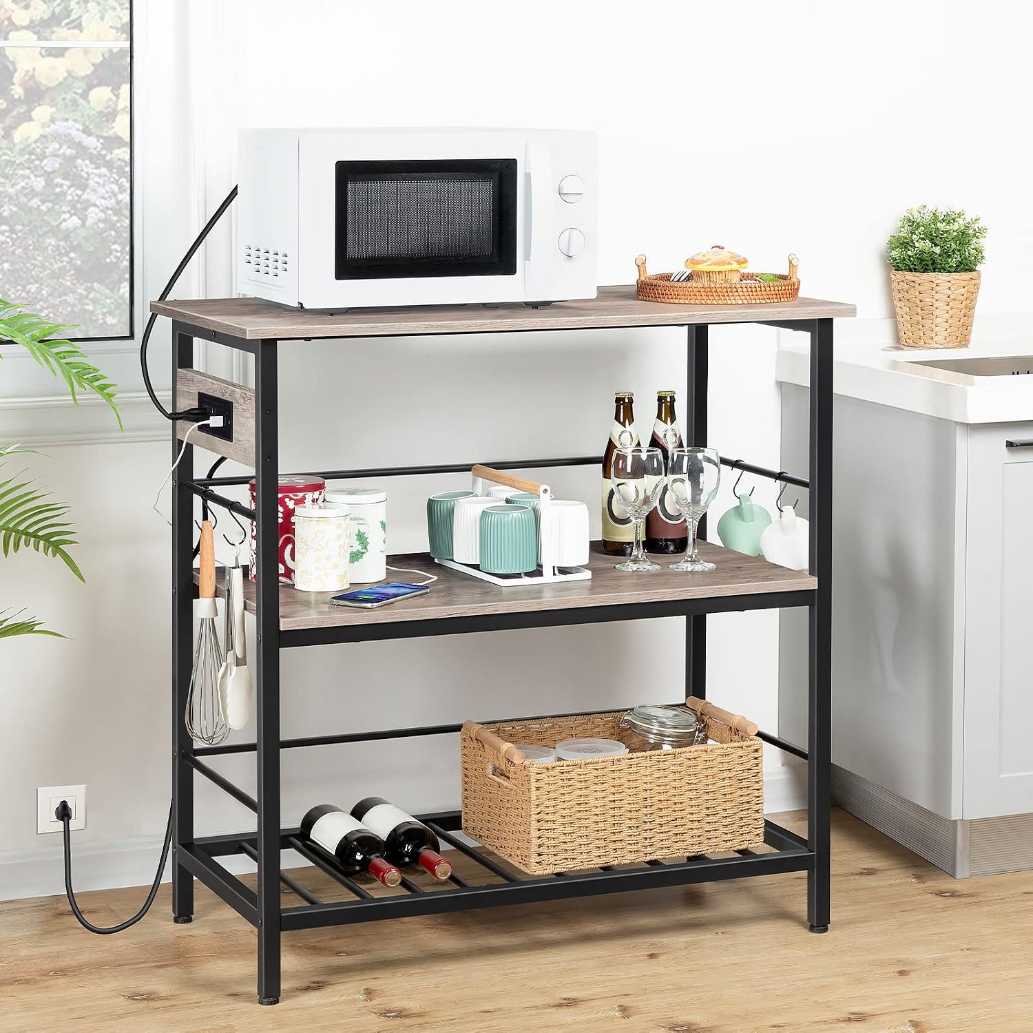 HOOBRO Kitchen Island with Storage, Kitchen Island Table with Power Outlet, 3 Tier Coffee Station and Microwave Stand, for Home, Dining Room, Greige and Black BG021ZD01