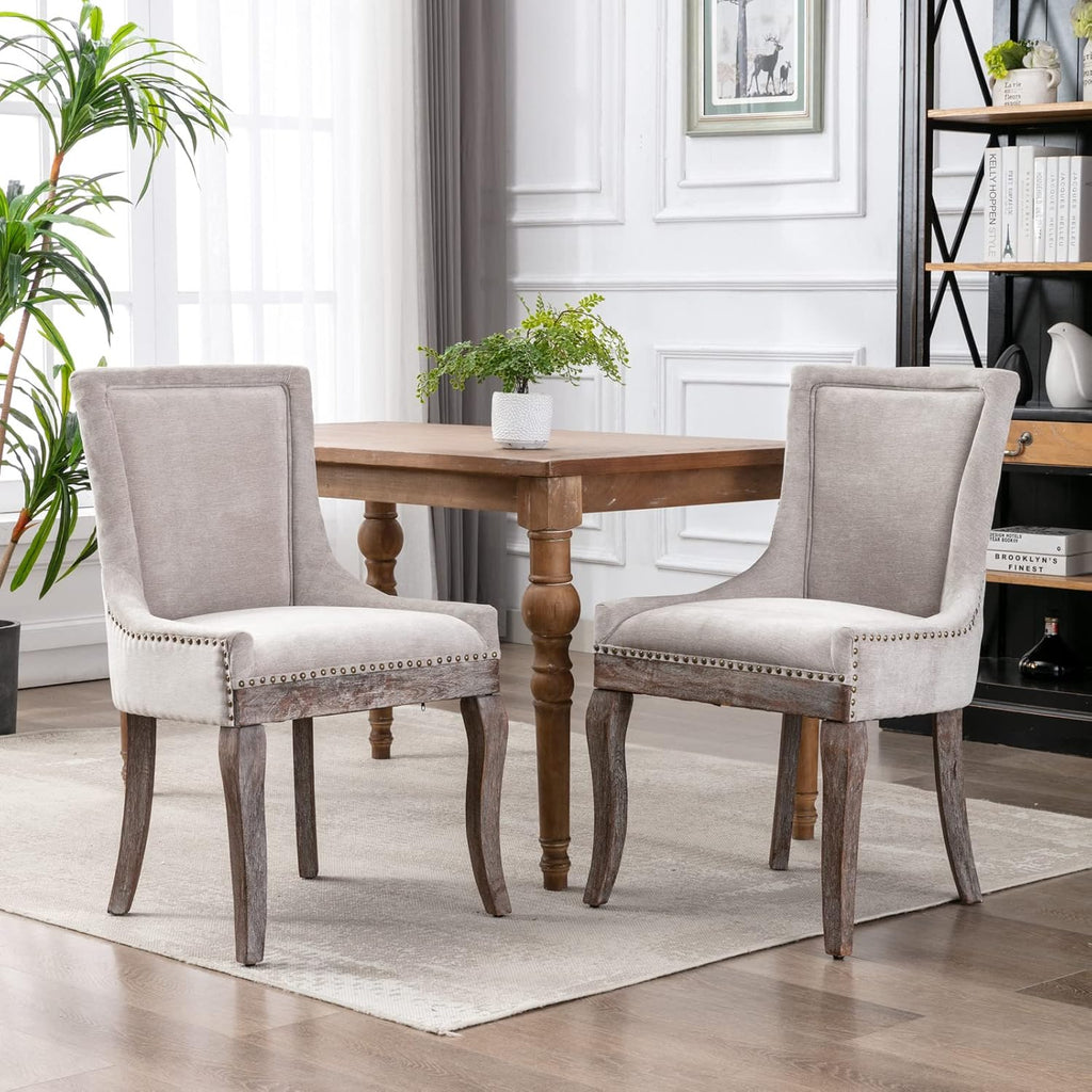 Modern Dining Chairs Set of 4, Fabric Upholstered High Back Chairs with Nailhead Trim and Curved Solid Wood Legs, Sillas de Comedor Accent Chairs for Dining Room, Beige