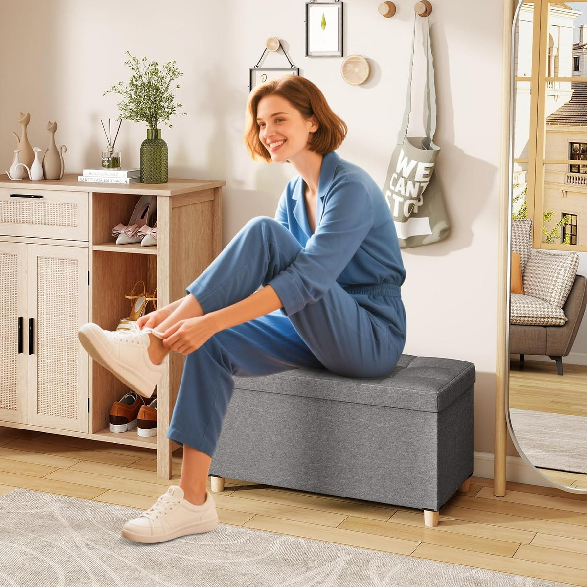 Giantex Storage Ottoman Bench with Tray Lid, Folding Linen Fabric Foot Stool with Elevated Wooden Legs, Multi-Functional Ottoman Foot Rest for Living Room Bedroom Entryway, 15 x 30 x 15.5 in