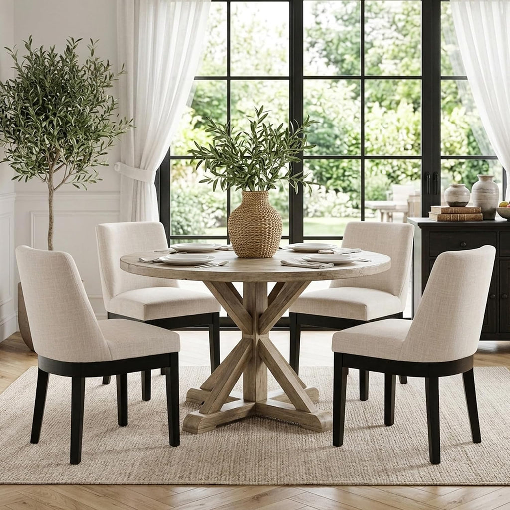 HNY Beige Linen Dining Chairs Set of 6, Soft Upholstered Dining Room Chairs | Comfortable Back Support, Black Brushed Solid Wood Legs, Modern Farmhouse Kitchen Chairs for Living Room, Home, Apartment