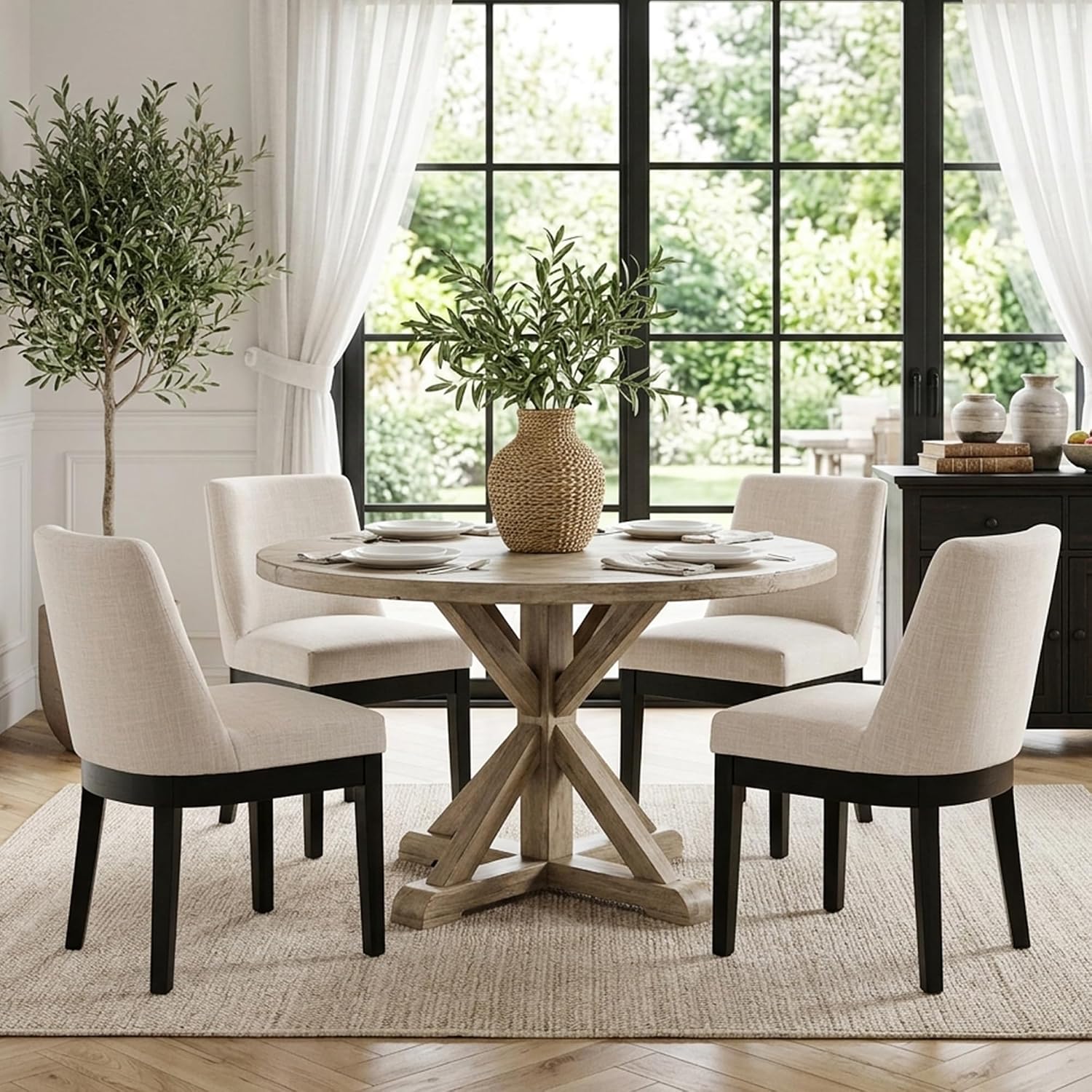 HNY Beige Linen Dining Chairs Set of 6, Soft Upholstered Dining Room Chairs | Comfortable Back Support, Black Brushed Solid Wood Legs, Modern Farmhouse Kitchen Chairs for Living Room, Home, Apartment