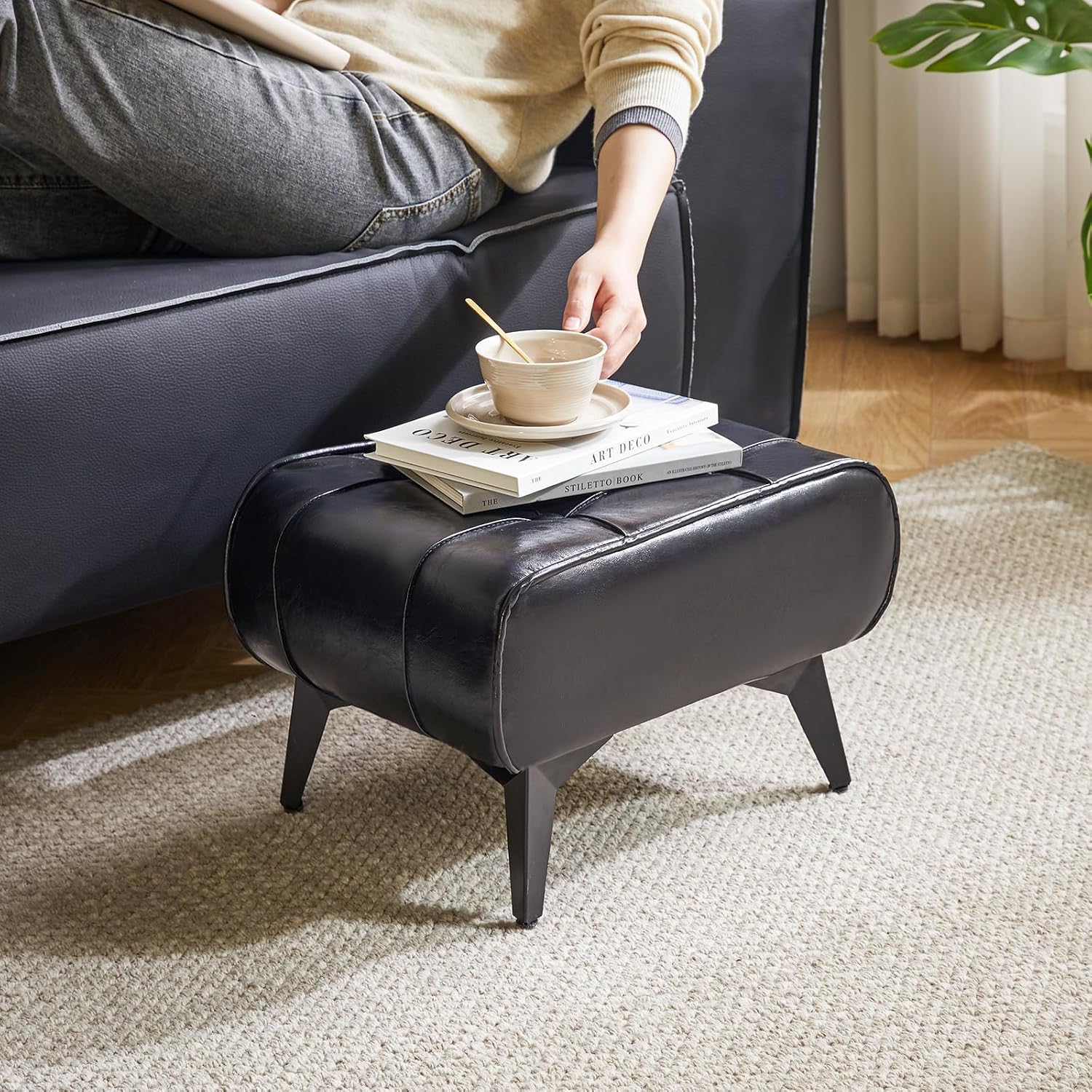 YMYNY Ottoman, Foot Stool with Metal Legs, Faux Leather Stool, Pouf Couch Stool, Modern Multifunctional Small Square Accent Small Table for Bedroom, Living Room 15.75"D×11.81"W×10.24"H Black UHBD037B