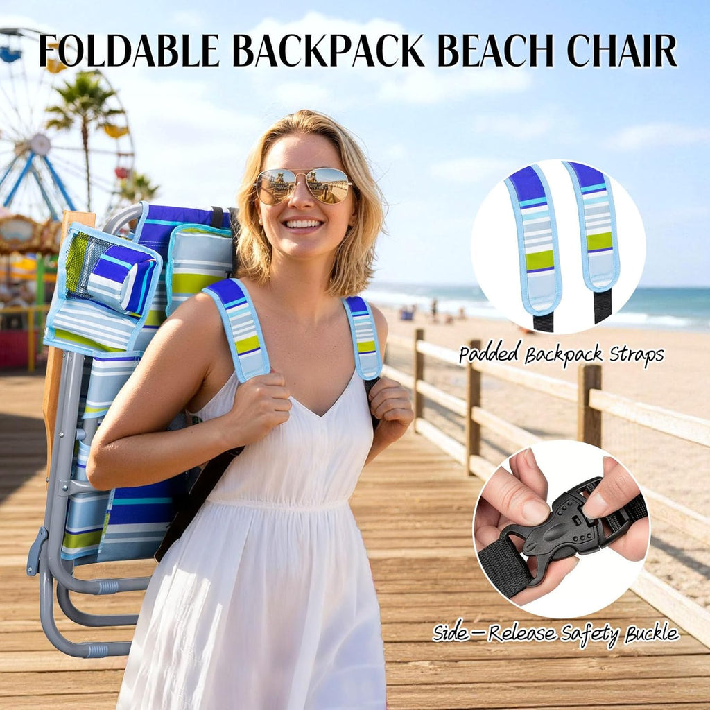 Backpack Beach Chair Wide Seat High Back Folding Camping Chair for Adults 5-Position Recline Supports 400 lbs Portable Chair with Cup Holder Cooler Bag Storage Pouch for Outdoor Lawn Picnic