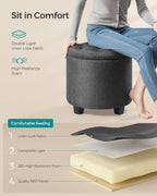 SONGMICS Round Ottoman with Storage, Vanity Stool, Linen-Look Fabric | Upholstered Foot Stool, 17.7 x 17.7 x 17.5 Inches, Removable Lid, Easy Assembly, Slate Gray, MACEO Collection ULOM011G01