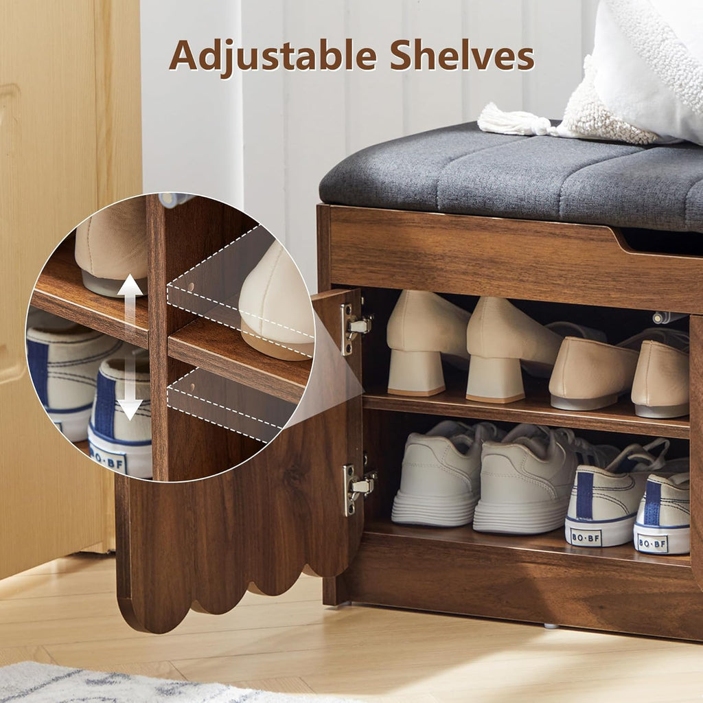 ORRD Shoe Storage Bench with Cushion, Entryway Shoe Cabinet Bench with 2 Scalloped Doors & Adjustable Shelf, 2-Tier Shoe Rack Organizer Cabine for Entryway, Hallway, Living Room (Walnut)