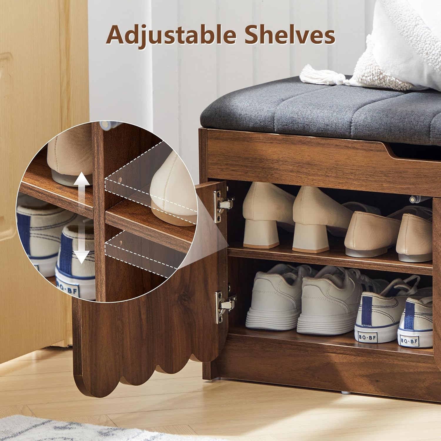 ORRD Shoe Storage Bench with Cushion, Entryway Shoe Cabinet Bench with 2 Scalloped Doors & Adjustable Shelf, 2-Tier Shoe Rack Organizer Cabine for Entryway, Hallway, Living Room (Walnut)
