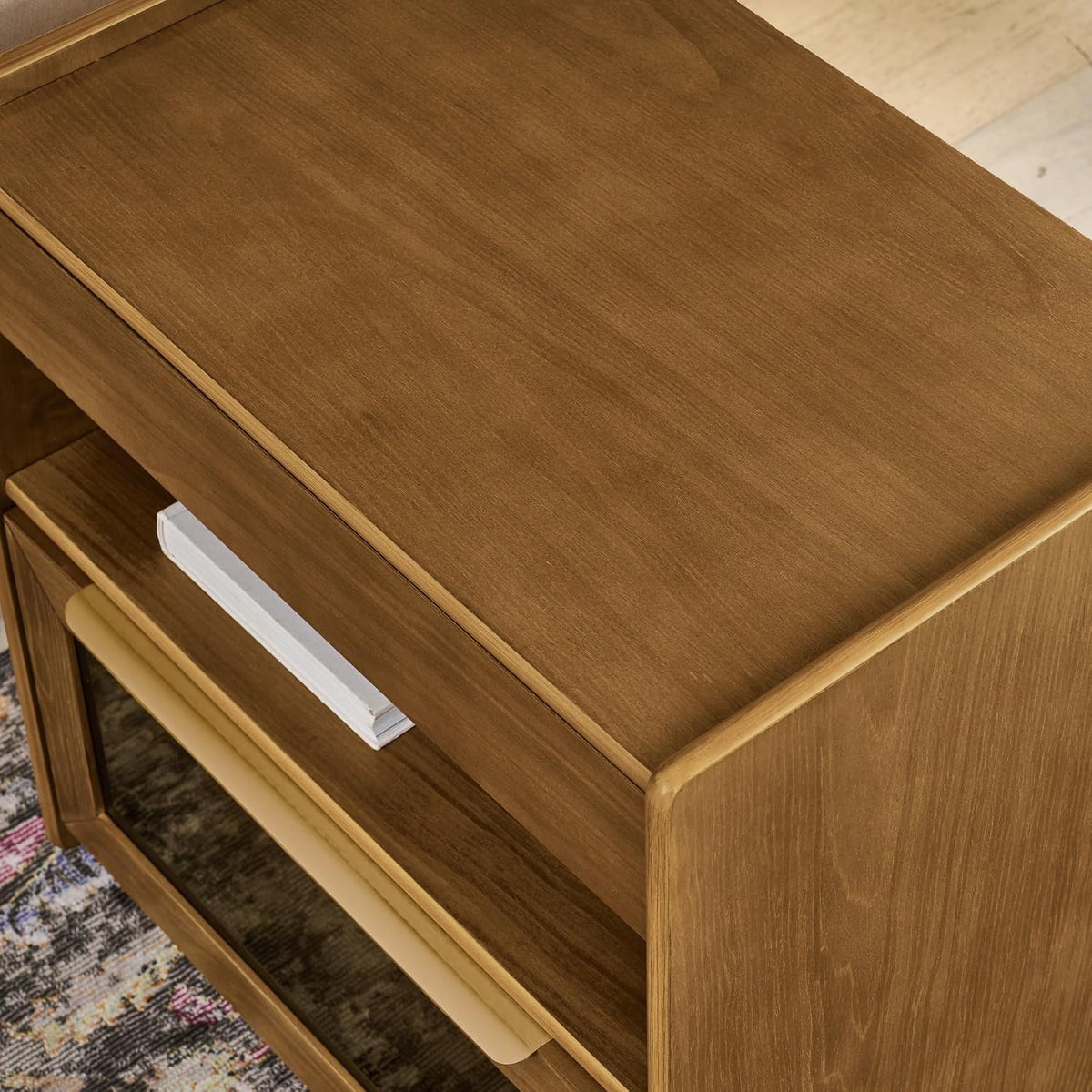 Mid Century Modern Nightstand with Charging Station & Outlet Hole & 2 Drawers, Farmhouse End Table with Open Shelf & Glass Drawer Dresser, Side Cabinet for Living Room,for Small Spaces