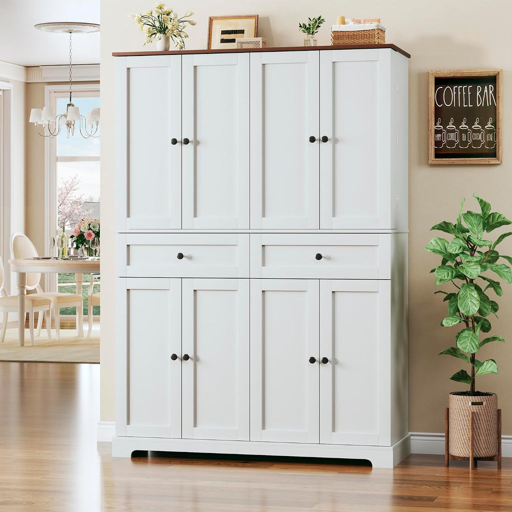 HUAHUU 71" Kitchen Pantry Cabinet with 6 Door Shelves, Tall Pantry Storage Cabinet with 8 Doors & 4 Adjustable Shelves, Modern Kitchen Pantry with 2 Large Drawers for Dining Room, Living Room, White