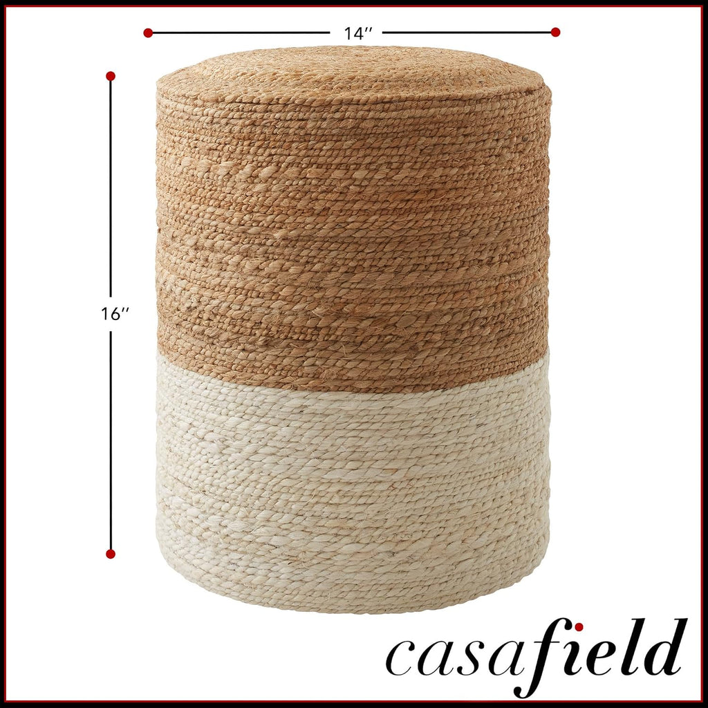 Casafield Hand-Braided Jute Pouf Ottoman Footrest, 14" W x 14" D x 16" H - Round, Natural Boho Home Decor, Woven Accent Footstool for Living Room