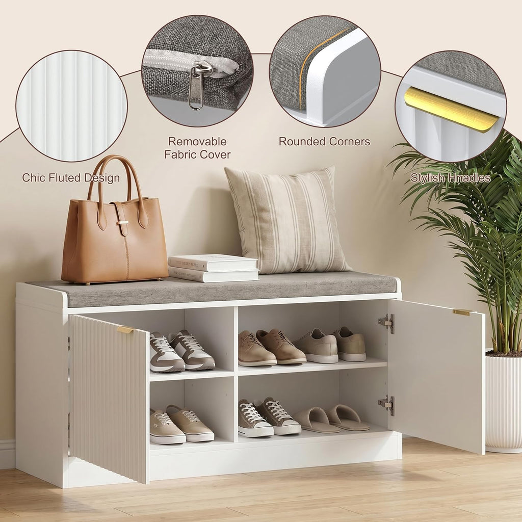 Fluted Shoe Storage Bench with Cushion, 2-Tier Entryway Shoe Bench with Adjustable Shelves, Hidden Shoe Cabinet Bench with 2 Doors for Hallway, Living Room, Bedroom End of Bed,White