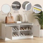 Fluted Shoe Storage Bench with Cushion, 2-Tier Entryway Shoe Bench with Adjustable Shelves, Hidden Shoe Cabinet Bench with 2 Doors for Hallway, Living Room, Bedroom End of Bed,White