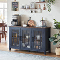 Joaxswe Large Sideboard Buffet Cabinet with Storage, 55" Farmhouse Credenza with 3 Glass Doors, Adjustable Shelves Console Table, Wood Kitchen Coffee Bar for Dining Room, Living Room, Navy Blue