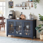 Joaxswe Large Sideboard Buffet Cabinet with Storage, 55" Farmhouse Credenza with 3 Glass Doors, Adjustable Shelves Console Table, Wood Kitchen Coffee Bar for Dining Room, Living Room, Navy Blue